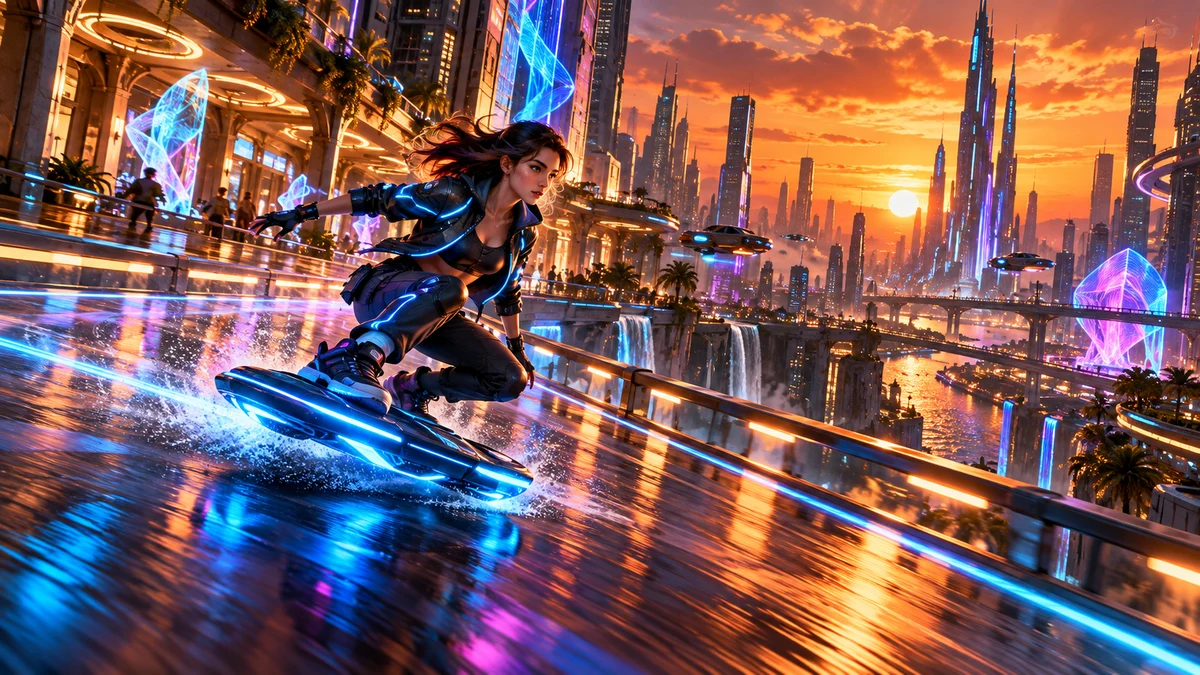 A sleek blue hoverboard rider sweeping across an enormous rooftop arcade boulevard, holographic abstract lights, orange sunset behind neon skyline; no words or signs.