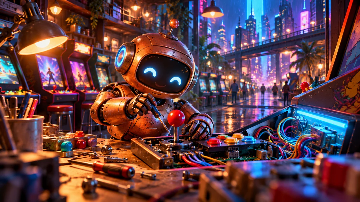 A friendly round copper robot tuning an arcade joystick at a colourful neon workshop bench, vivid cables and luminous controls.
